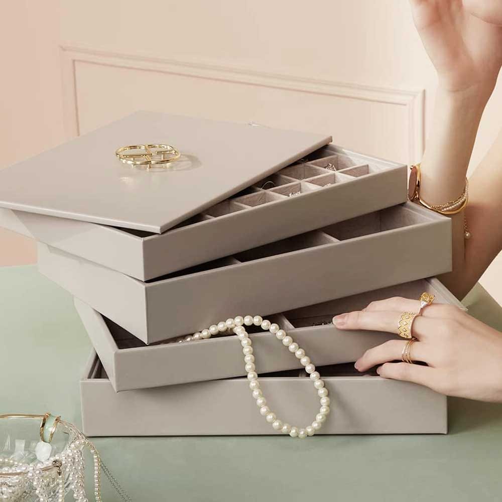 Velvet-lined stackable jewelry organizer trays — elegant birthday gift for moms to store rings, earrings, and keepsakes