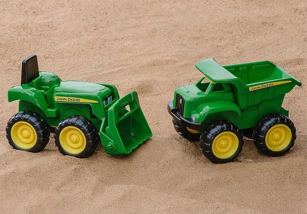 John Deere sandbox toy set with toddler-sized dump truck and tractor — durable outdoor construction vehicles for imaginative sandbox play