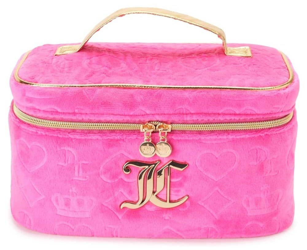 Juicy Couture pink travel makeup bag with gold accents — a glamorous anniversary gift for stylish women