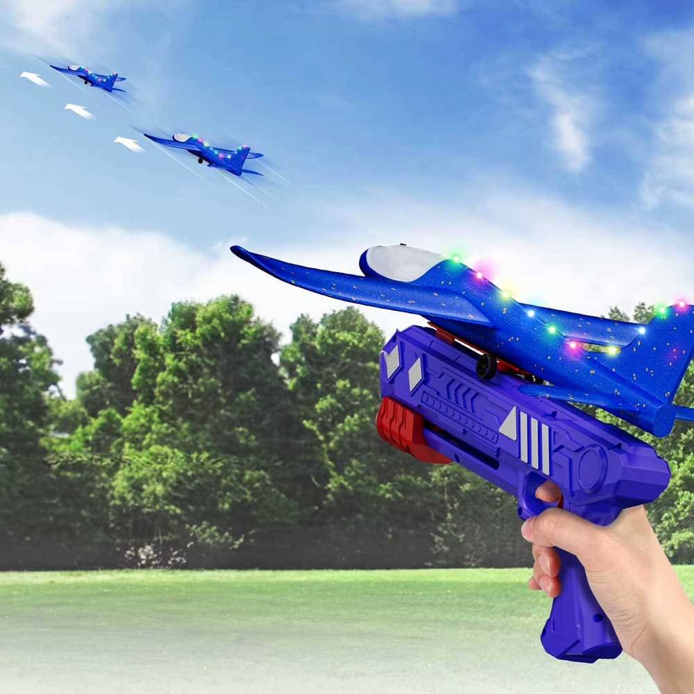 LED foam glider airplane toy set with handheld launcher and two flight modes — lightweight, durable flying toy for kids aged 3–12