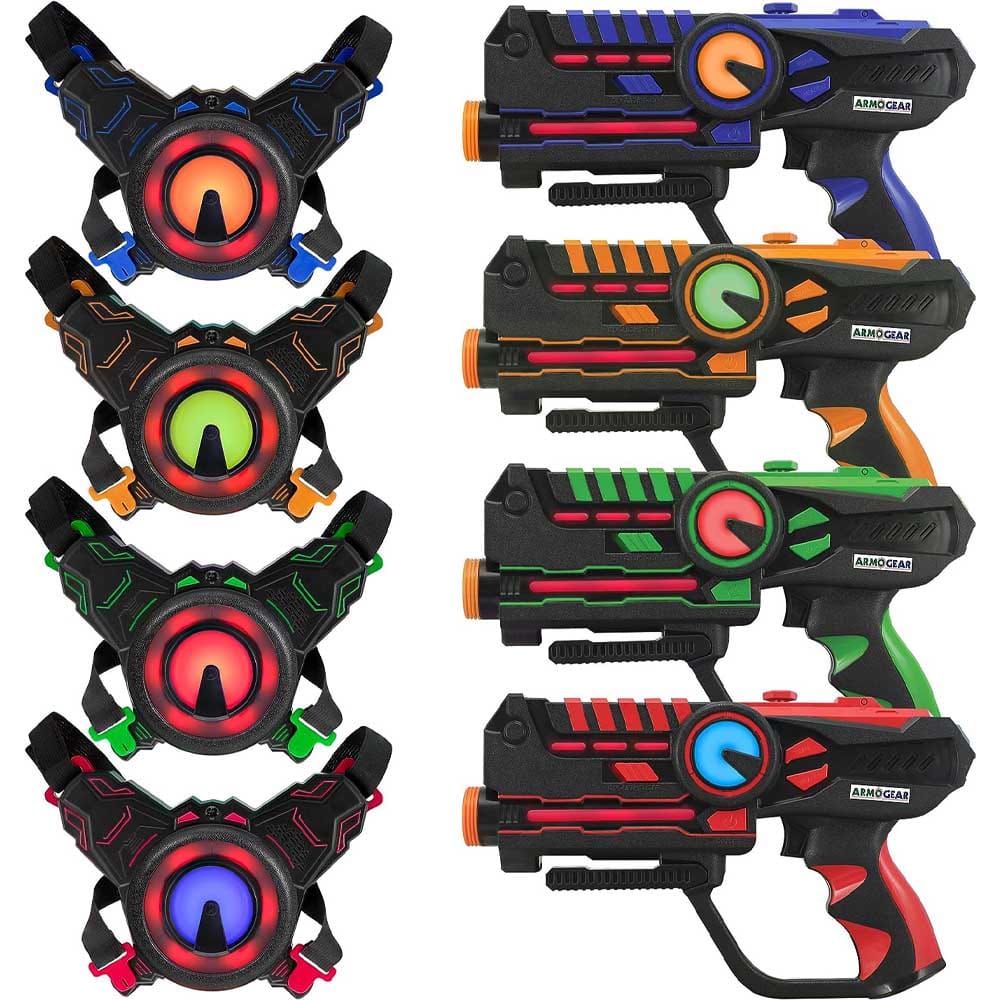 Laser tag set with four blasters, vests, team modes, and night vision flashlight — exciting action-packed gift for teen boys
