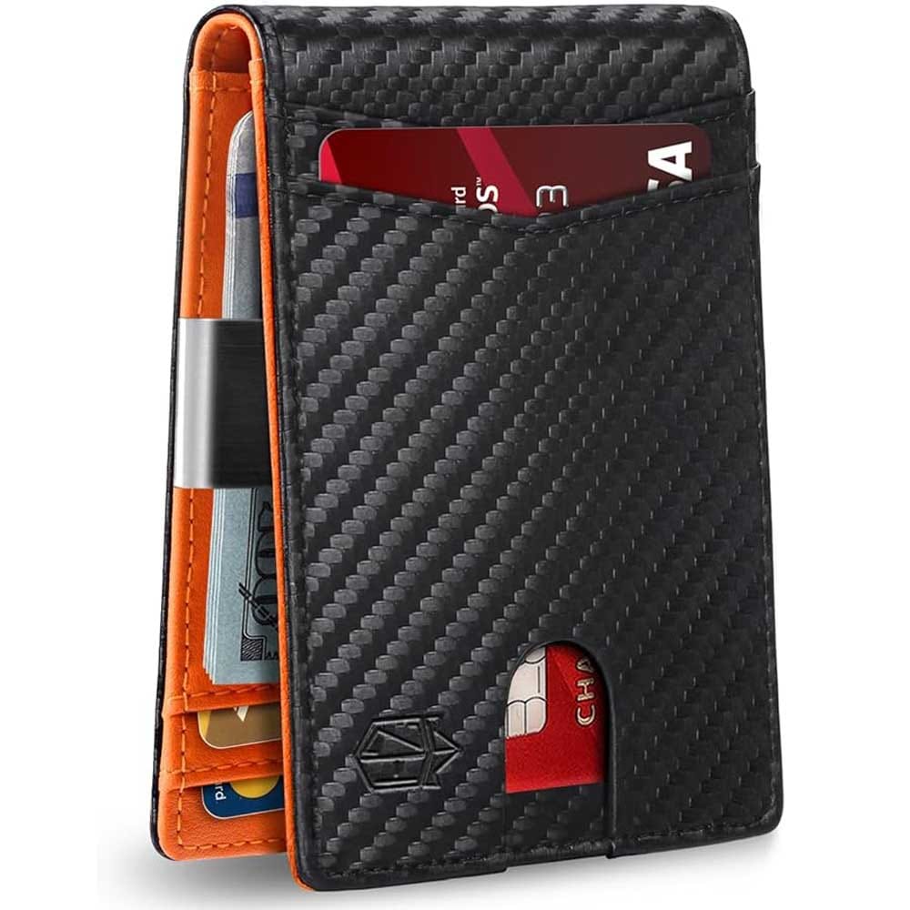 Slim leather RFID-blocking wallet for men with 12 card slots, ID window, and money clip — sleek, secure, and stylish