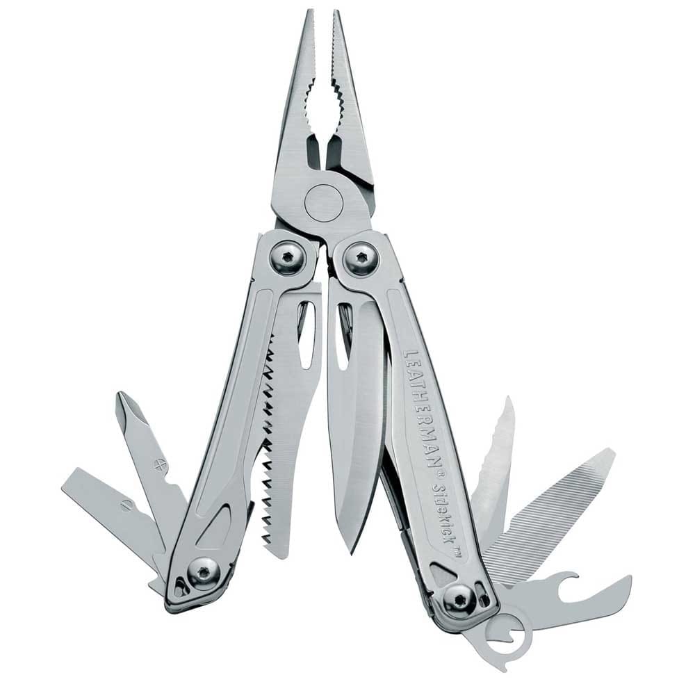 Stainless steel Leatherman Sidekick multitool with 14 built-in tools including pliers, knives, screwdrivers — a rugged and reliable gift for boyfriends who love DIY or the outdoors