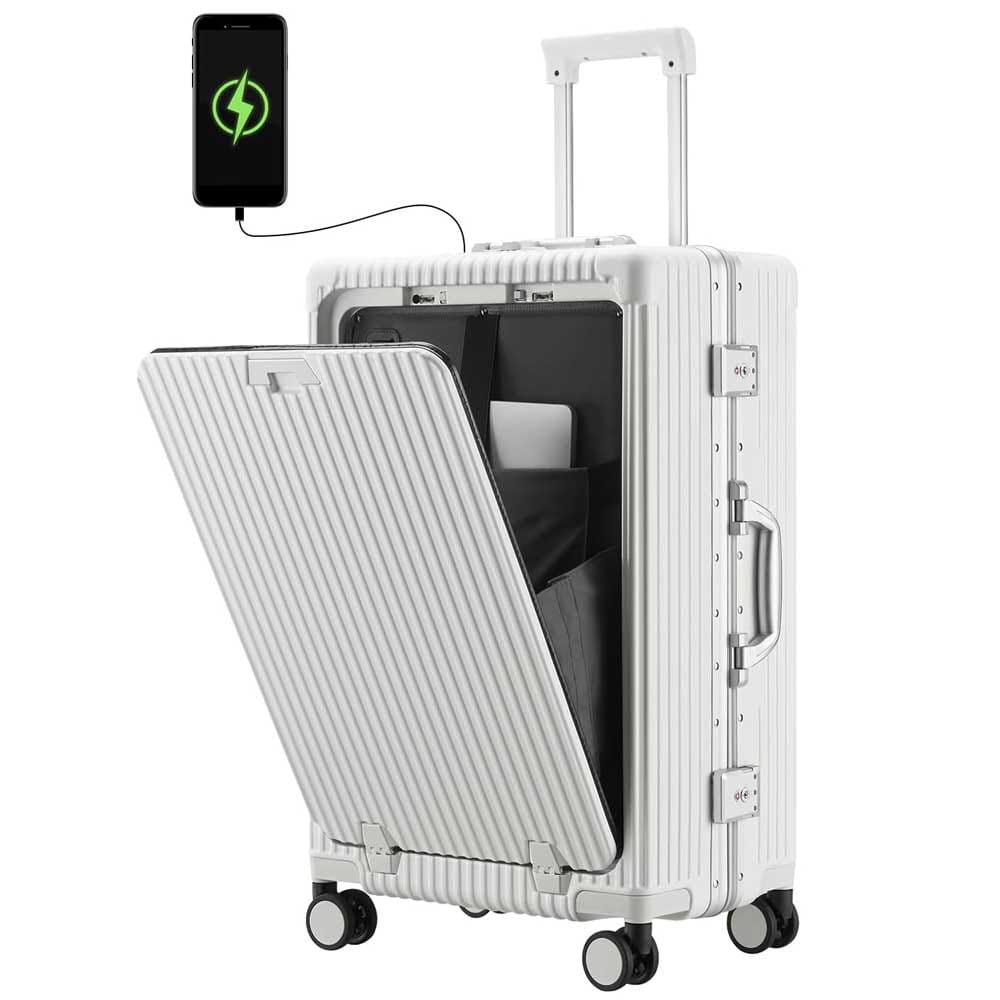 Sleek hard-shell aluminum carry-on suitcase with USB charging port and laptop compartment — smart travel gift for stylish girlfriends