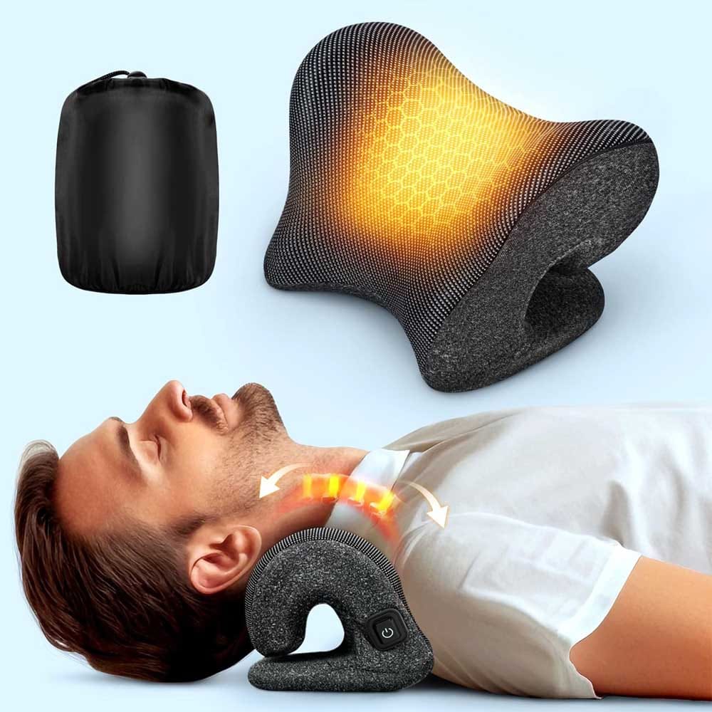 Magnetic therapy heated neck stretcher for neck pain relief — ergonomic tech wellness gift for men who work at a desk