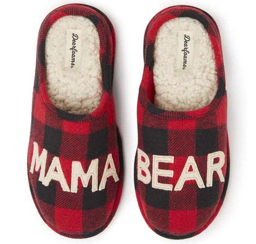 Dearfoams Mama Bear clog slippers with memory foam and rubber soles — cozy and supportive gift for new moms