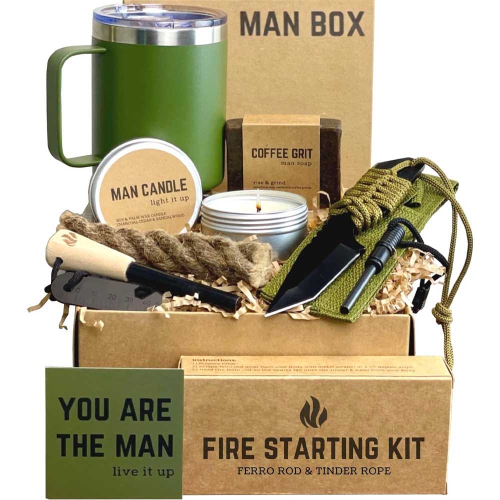 Gift box set for men with travel mug, Rambo knife, fire starter, camping candle, coffee grit soap, and a Man Card — outdoorsy and rugged