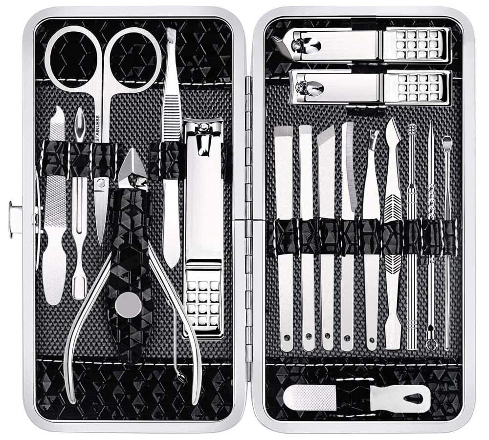 18-piece manicure and pedicure set in a stylish leather case — all-in-one grooming kit gift for girlfriends who love self-care