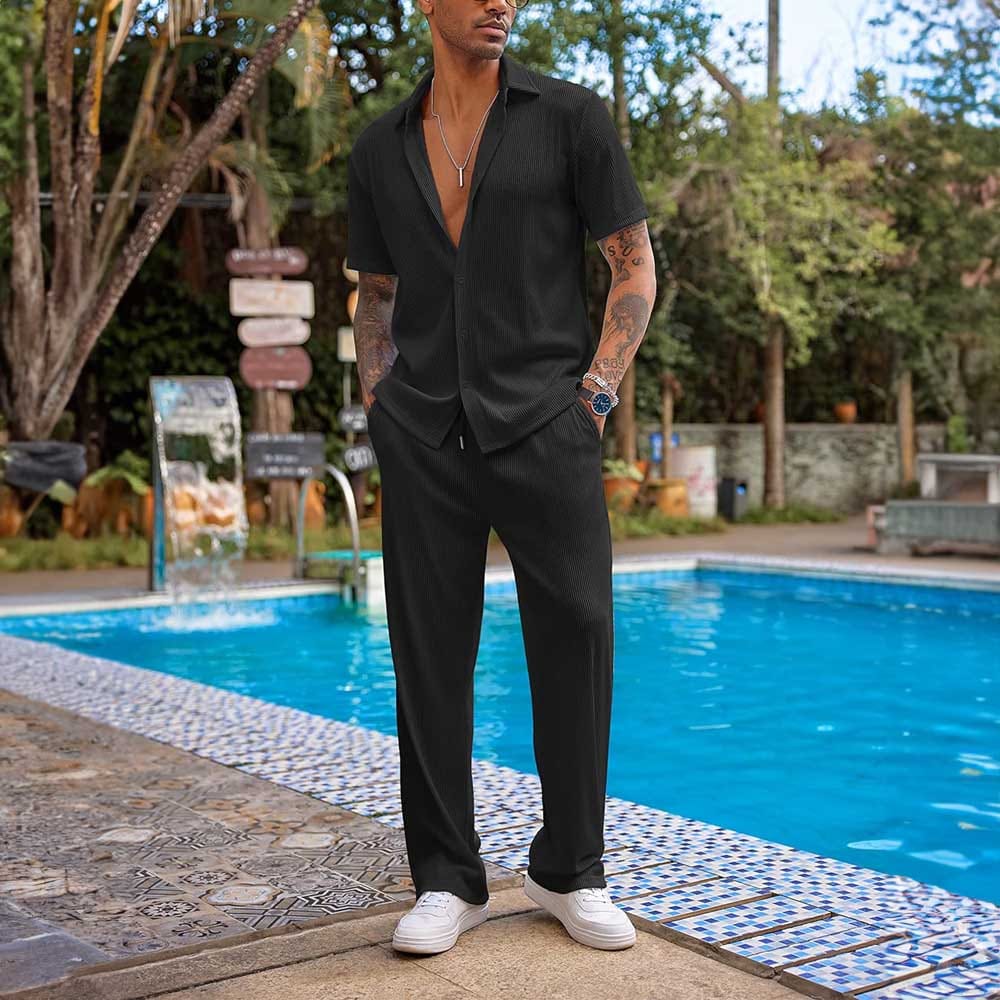 Men’s short-sleeve button-down shirt and drawstring pants set — lightweight, breathable summer outfit for casual style