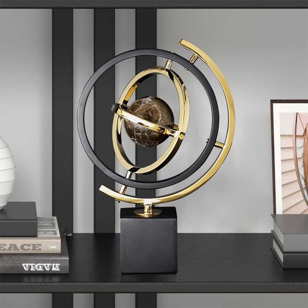 Metal globe sculpture with intersecting rings and sturdy base — stylish, artistic desk or shelf decor for guy friends who love travel or design