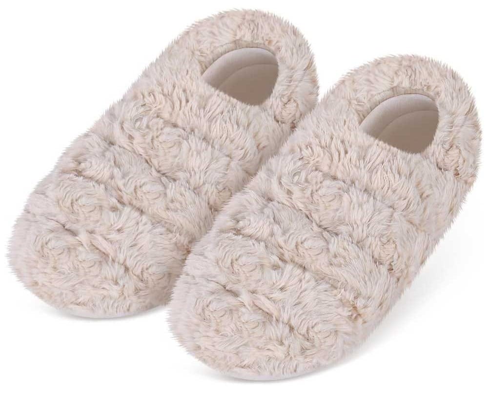 Plush microwavable slippers with faux fur lining — heatable foot warmers for girlfriends who love cozy comfort in winter