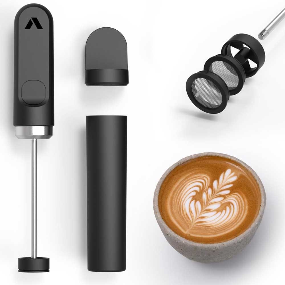 Rechargeable handheld milk foamer with stainless steel whisk and waterproof body — a thoughtful gift for boyfriends who love making barista-style coffee at home