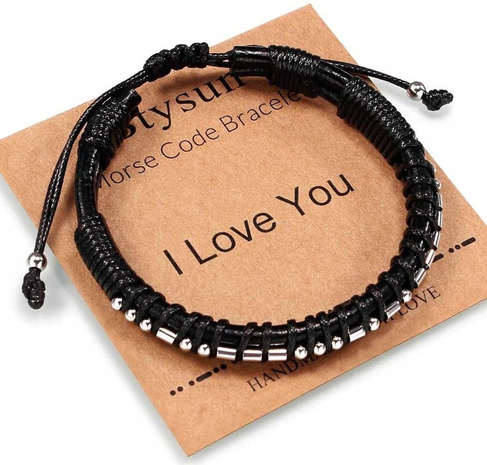 Black leather bracelet with stainless steel bar engraved in Morse code — subtle and romantic anniversary gift for husbands