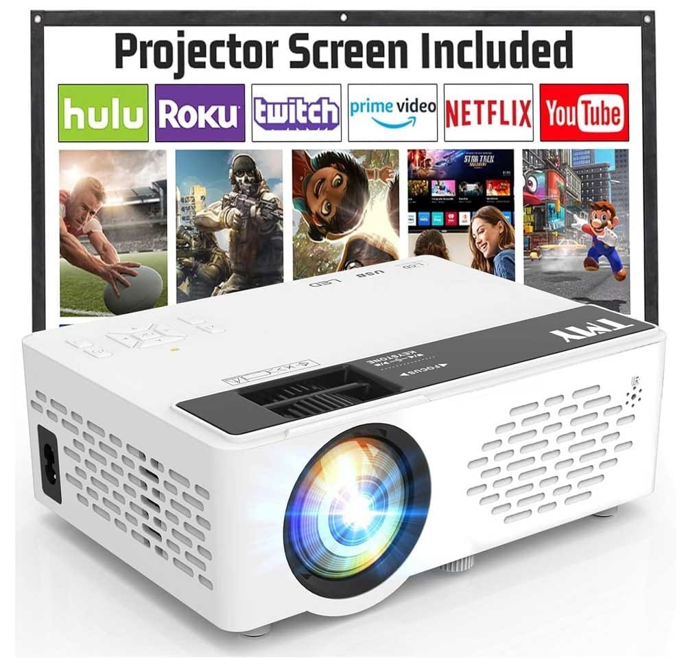 Compact home movie projector with Bluetooth connectivity and 100-inch screen display — an awesome gift for boyfriends who love movies and cozy nights in