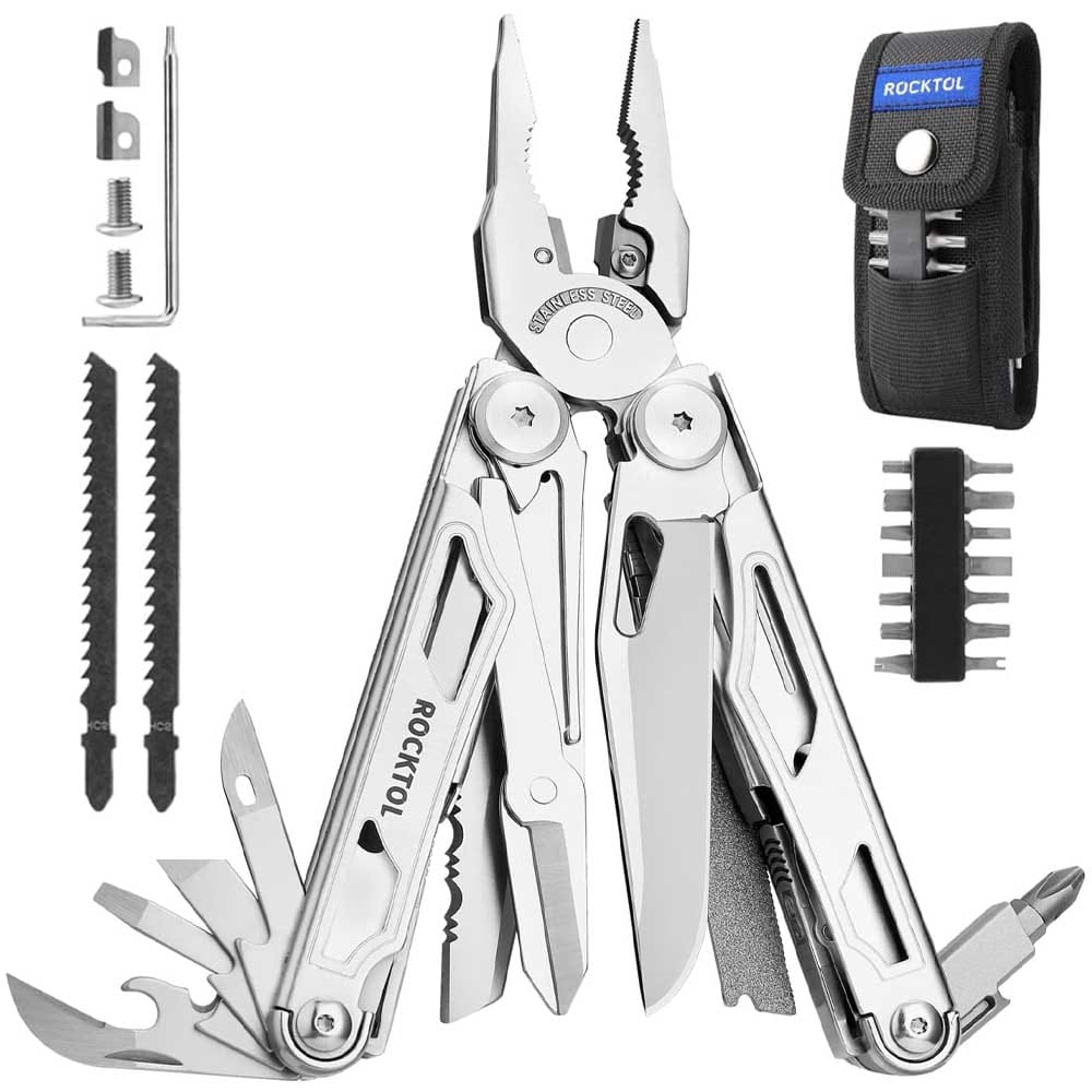 Heavy-duty 29-in-1 multitool with pliers, saw, knives, screwdrivers, scissors, and more — durable stainless steel with sheath and bit set