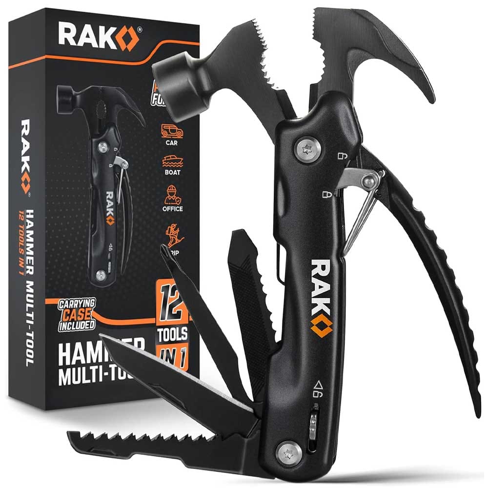 Compact multitool with 12 stainless steel functions including hammer, knife, pliers, screwdriver, and saw — rugged gift for practical husbands
