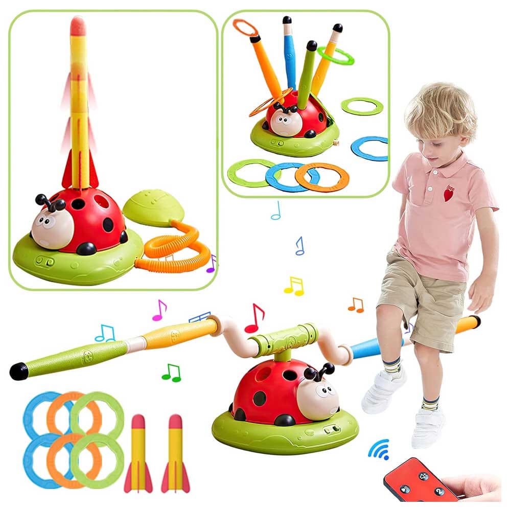 3-in-1 outdoor toddler toy with jumping pole, ring toss game, and foam rocket launcher — interactive musical activity set for ages 3 to 12