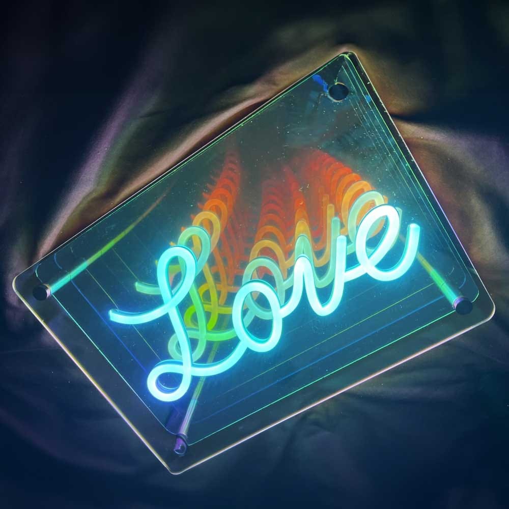 Customizable infinity mirror neon light sign — glowing LED decor with name, phrase, or emoji options for a unique personal gift