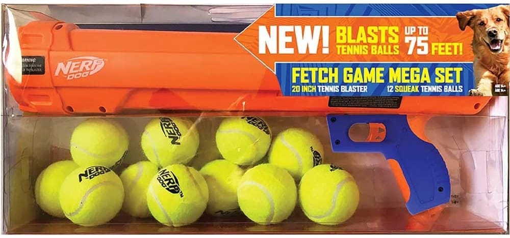 Nerf dog tennis ball launcher with squeaky balls — fetch toy that shoots up to 75 feet for high-energy outdoor play