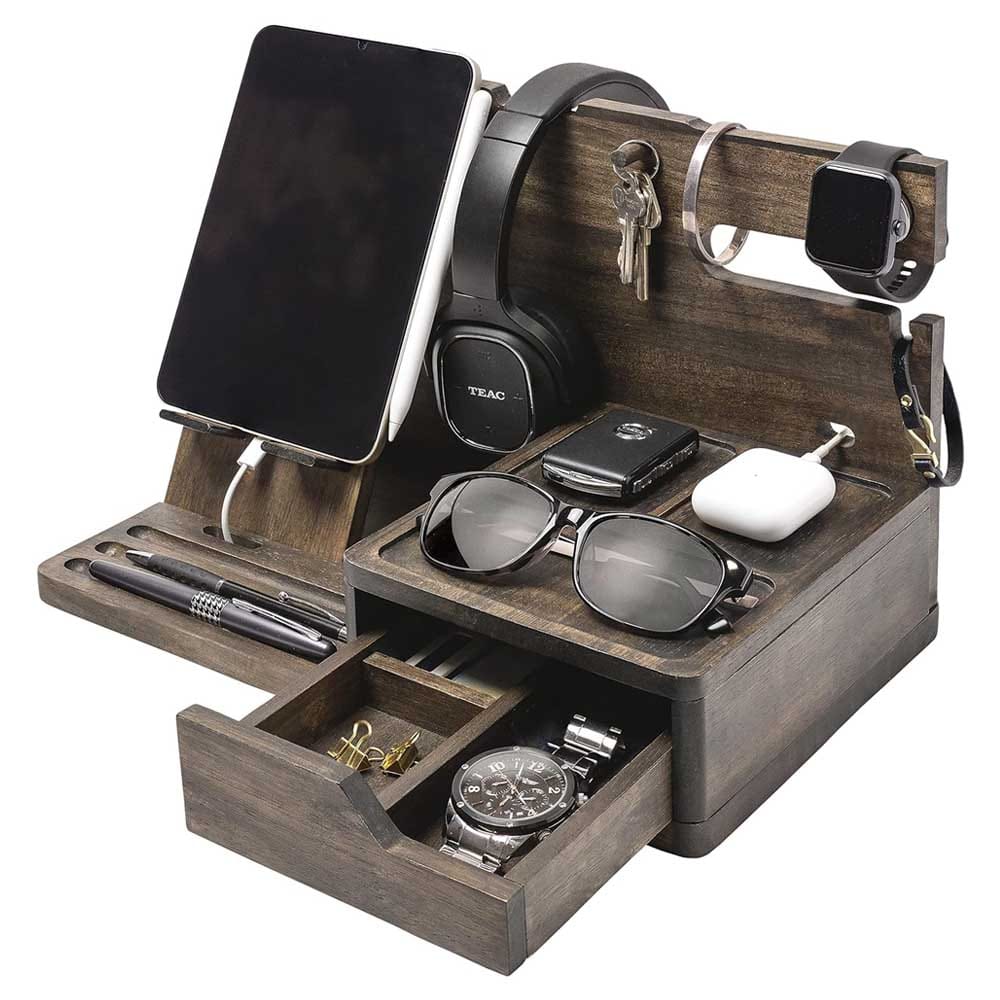 Wooden nightstand organizer with compartments for phone, watch, keys, and wallet — practical anniversary gift for men