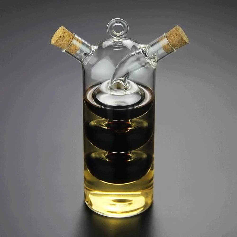 Hand-blown dual-chamber glass olive oil and vinegar dispenser cruet — elegant kitchen gift for new homeowners