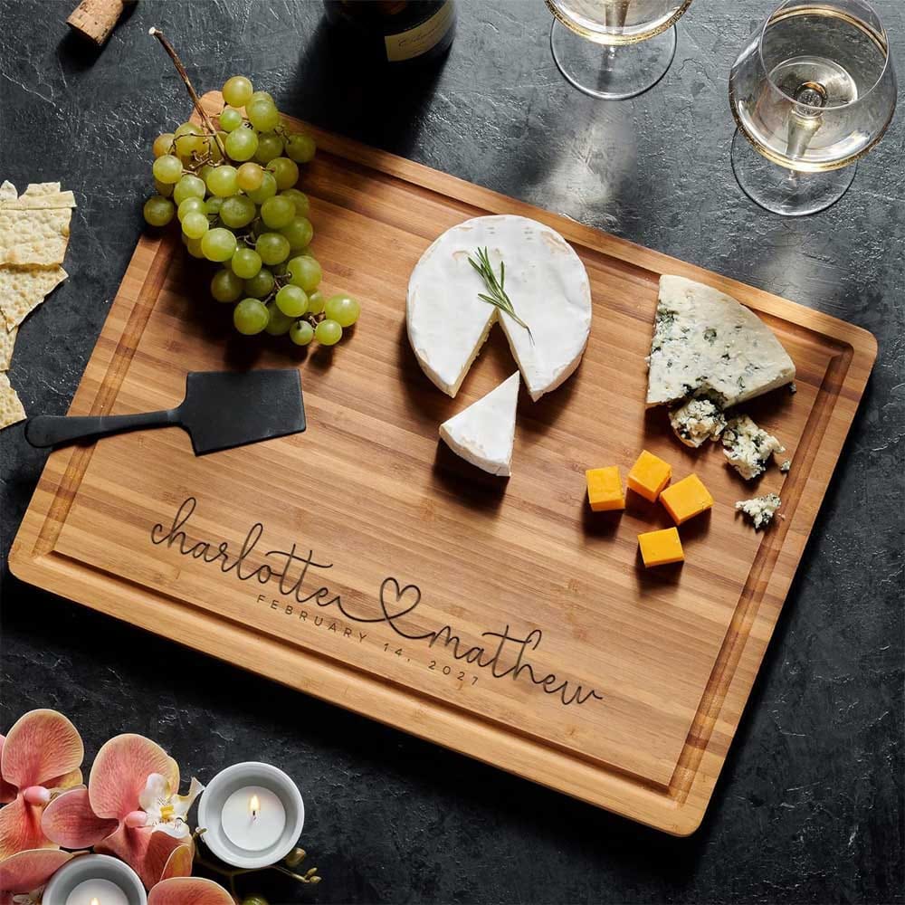 Personalized wood engraved cutting board with gift box — a heartfelt and lasting kitchen gift for newly engaged couples