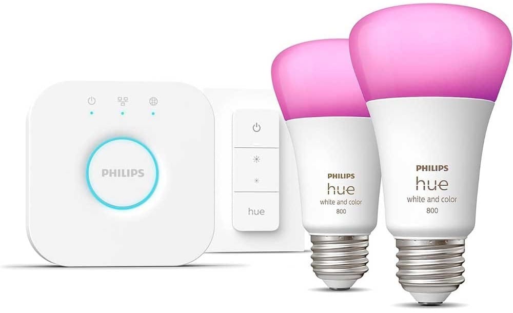 Philips Hue smart light kit with LED color bulbs, dimmer switch, and Hue Bridge — fun and functional gift for engaged couples creating a cozy home