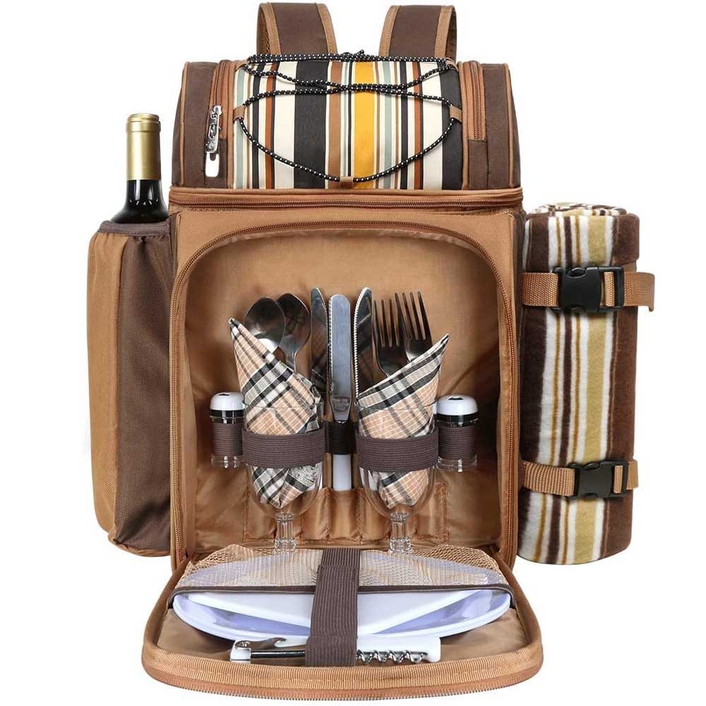 Picnic backpack set for two with cooler compartments, wine holder, blanket, and utensils — ideal engagement gift for romantic outdoor dates