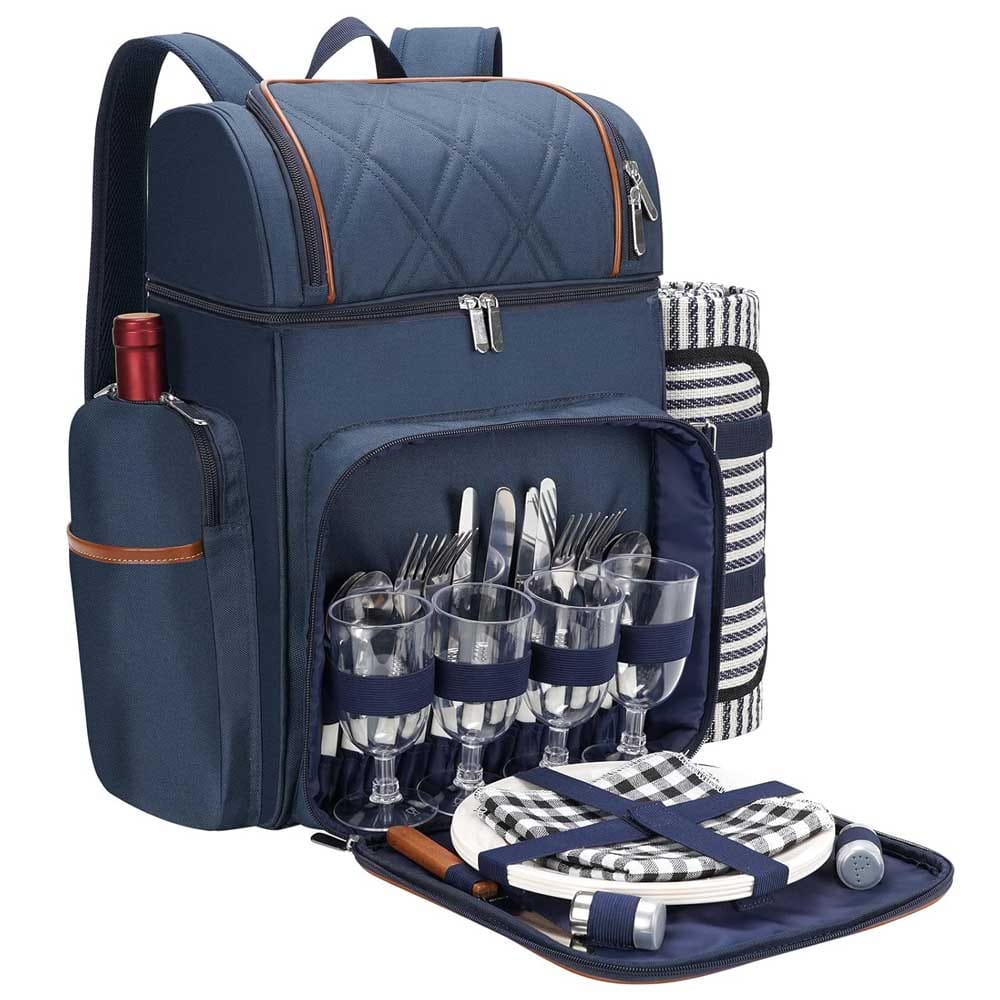 4-person picnic backpack with insulated compartments, plates, glasses, utensils, corkscrew, blanket, and wine holder — outdoor dining set