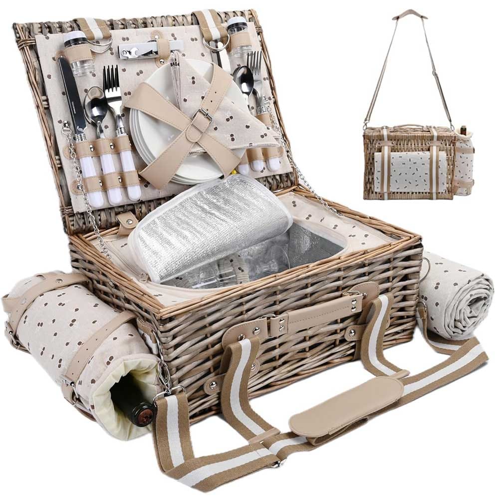 Wicker picnic basket set for four with plates, glasses, cutlery, blanket, and wine pouch — elegant outdoor dining gift