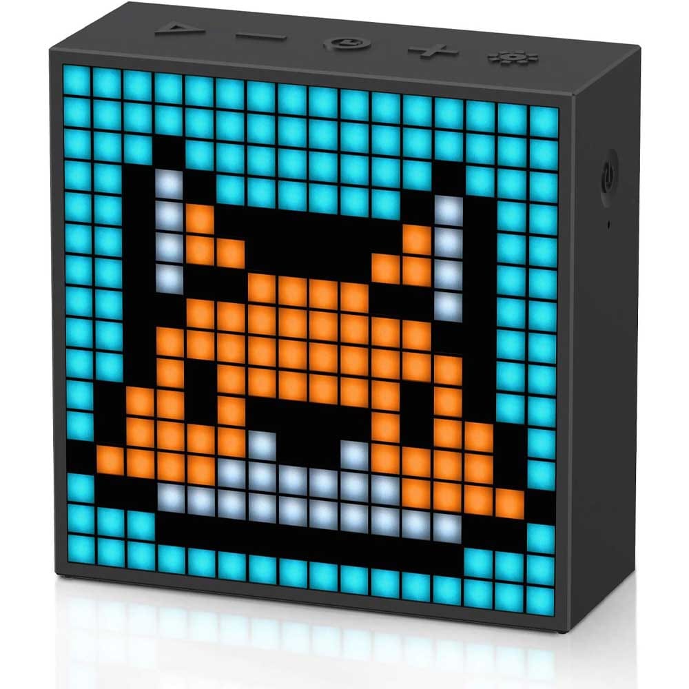 Pixel art Bluetooth speaker with LED display and alarm clock features — customizable, retro-style tech gift for men