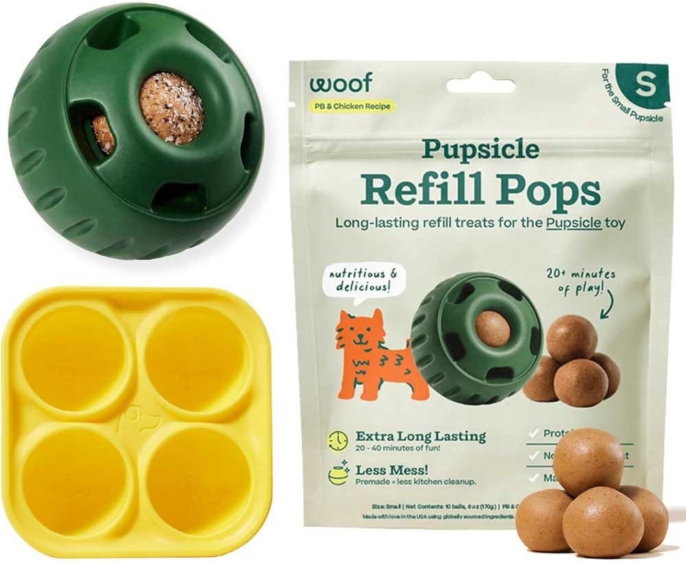 Dog treat toy starter pack with refillable Pupsicle, DIY treat tray, and all-natural chicken-flavored frozen pops