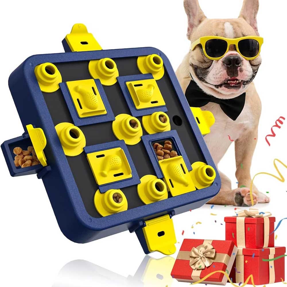 Interactive multi-level dog puzzle toy with sliding lids, treat compartments, and adjustable difficulty — for smart, curious pups