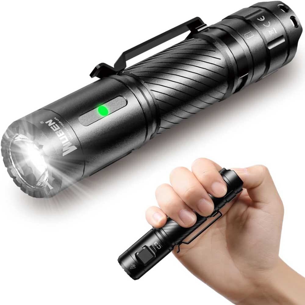 Rechargeable LED flashlight with 6 light modes, USB-C charging, water resistance, and compact design — powerful and portable for outdoor use