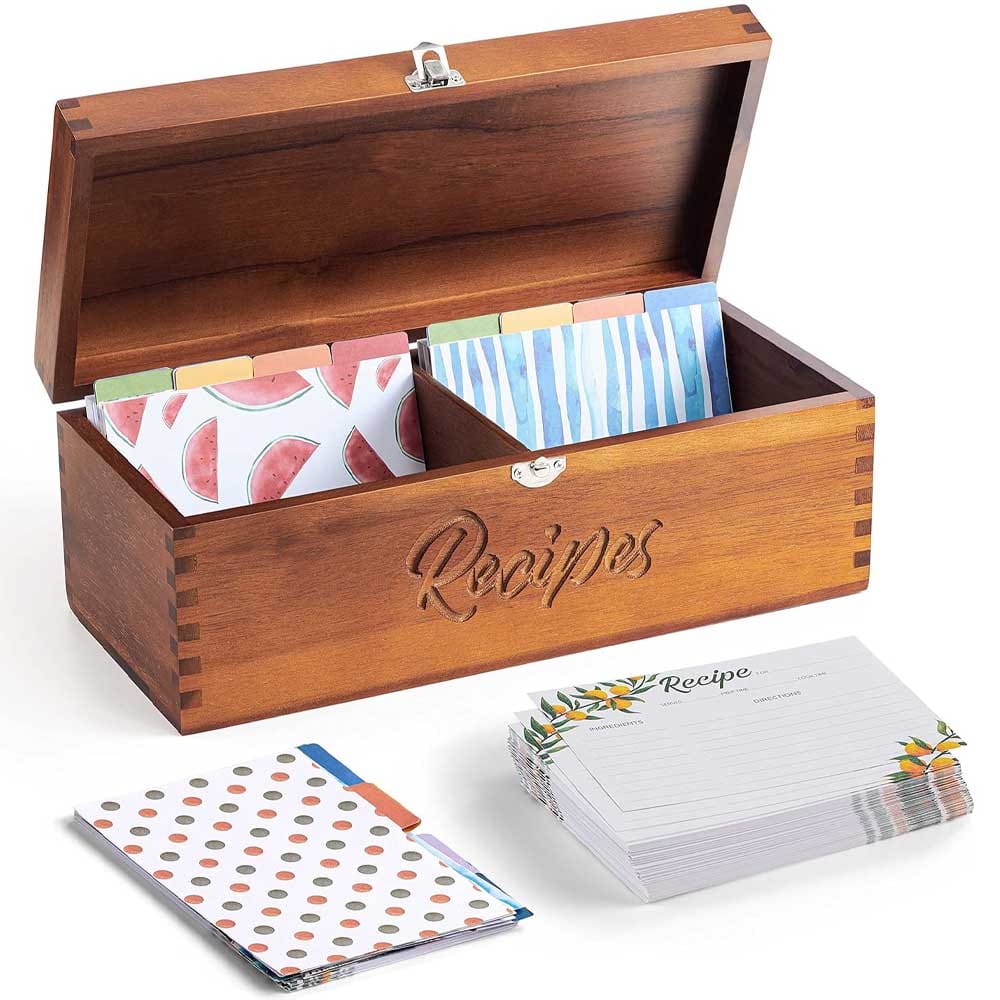 Acacia wood recipe box with dividers and cards — timeless kitchen gift for couples to store family recipes and cooking memories