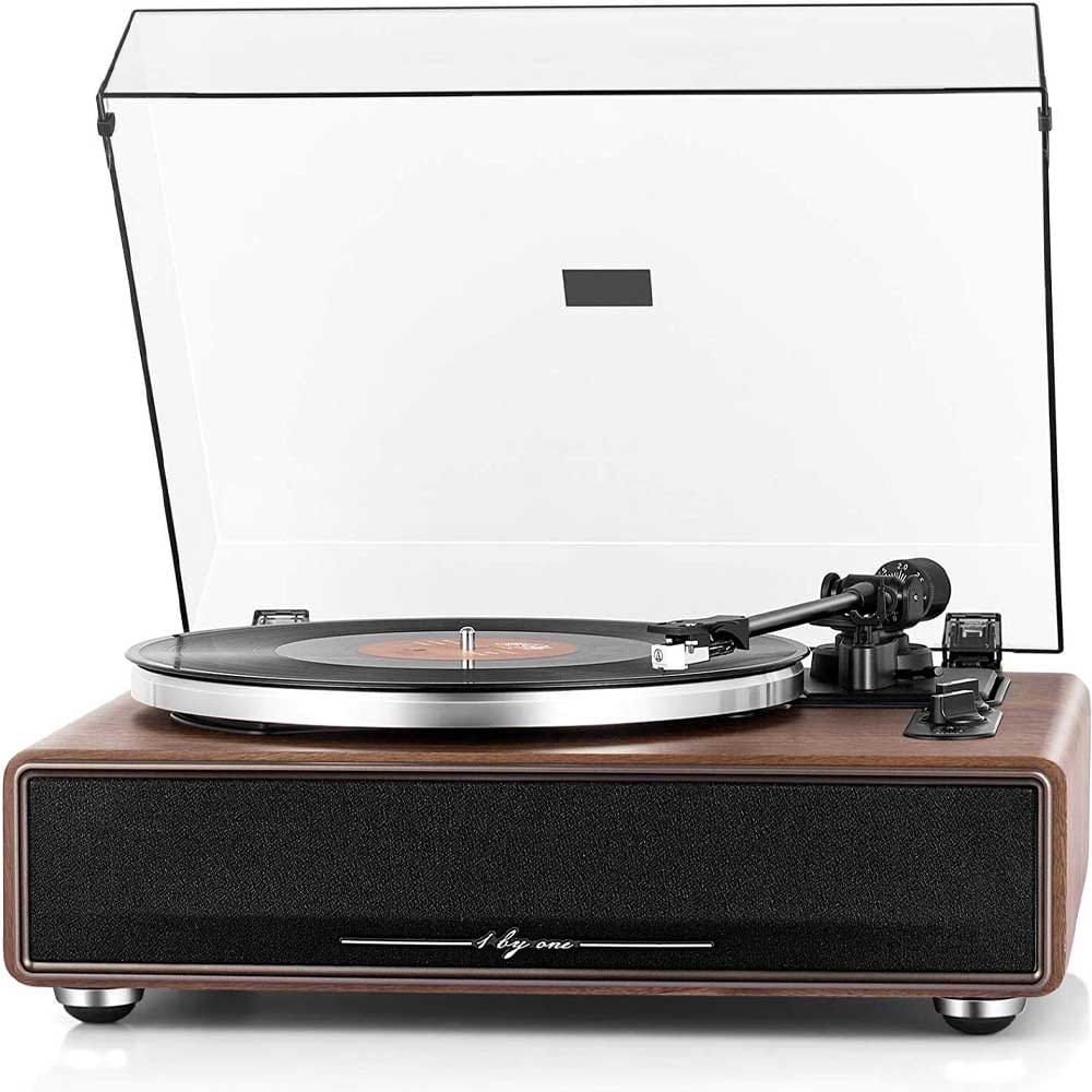 Wood and metal high fidelity record player with Bluetooth and built-in speakers — vintage-style turntable for music-loving men