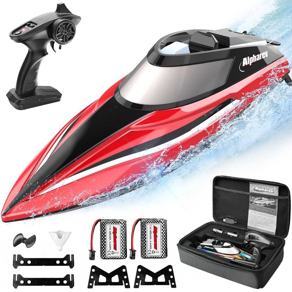 High-speed remote control boat with LED lights, stunt mode, water-sensing safety, and storage case — exciting gift for adventurous teen boys