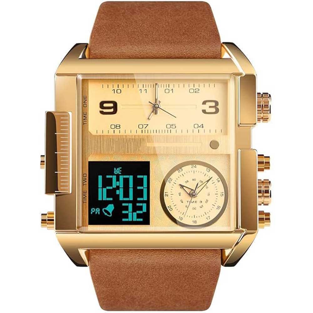 Retro square digital sports watch with triple time zones, stopwatch, and leather strap — vintage-style tech gift for men