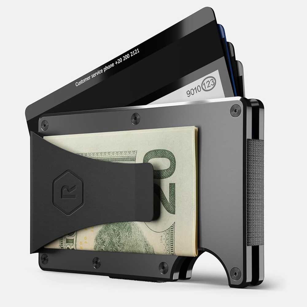 Slim aluminium Ridge wallet with RFID blocking and money clip — sleek and secure anniversary gift for men