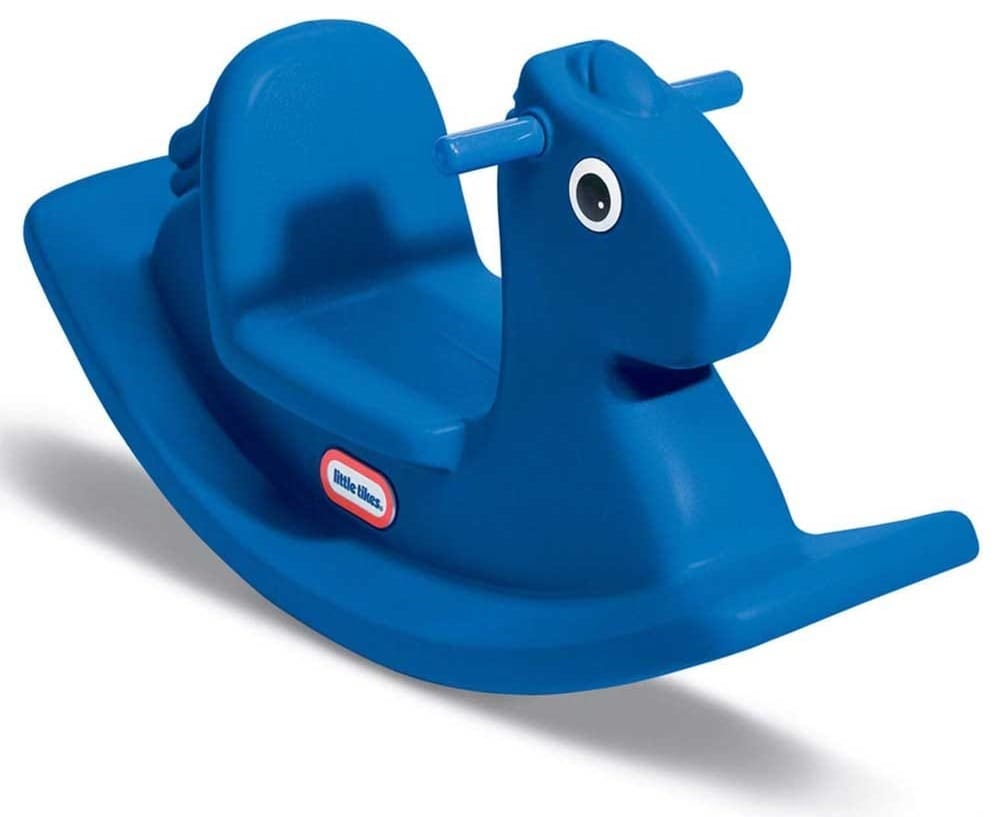 Classic blue toddler rocking horse with easy-grip handles and stable base — durable indoor and outdoor toy for balance and coordination