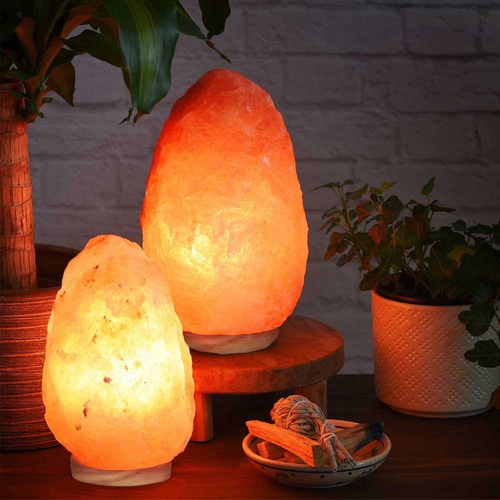 Natural Himalayan salt lamp with dimmer switch and wood base — soothing, ambient light gift for engaged couples creating a cozy home