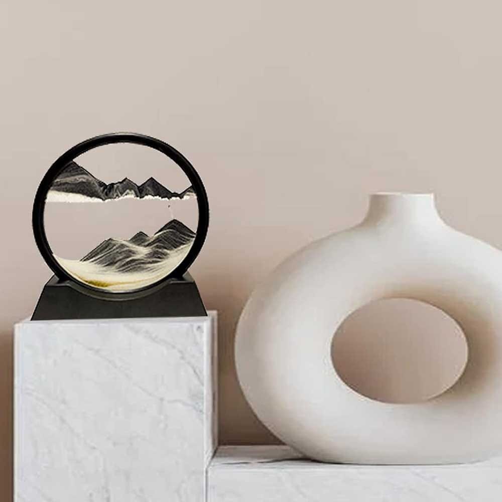 Framed dynamic sandscape art with shifting sands in glass — soothing, ever-changing desktop decoration gift for artistic girlfriends
