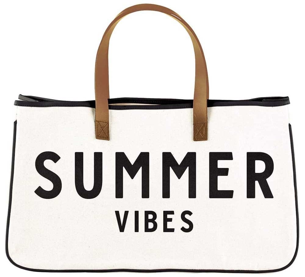 Black and white canvas tote bag with leather handles and 'Summer Vibes' print — stylish and spacious beach or shopping bag