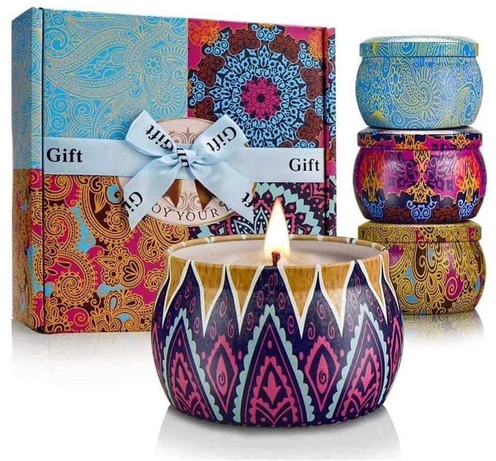 Boho-style scented candle gift set with four soy wax candles in Mediterranean Fig, Lavender, Spring, and Lemon — perfect for cozy new homes