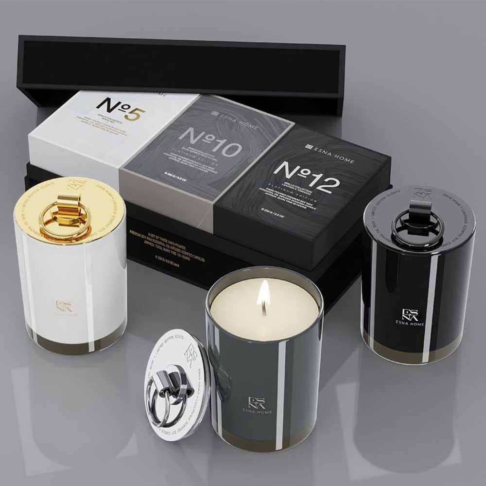 Elegant gift box of all-natural soy scented candles in glass jars — anniversary gift idea for her with luxurious, calming aromas