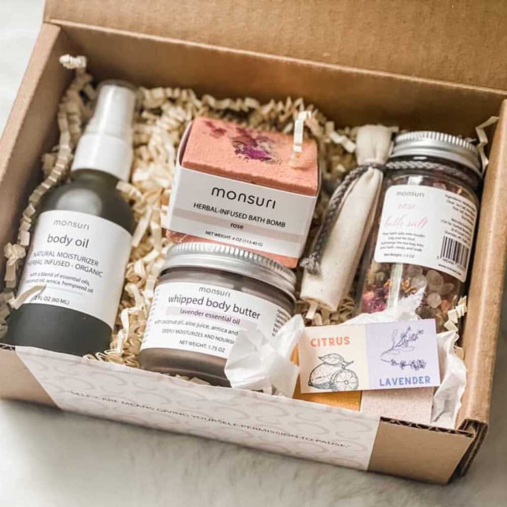 All-natural self-care gift basket with organic spa products — pampering and thoughtful gift for new moms