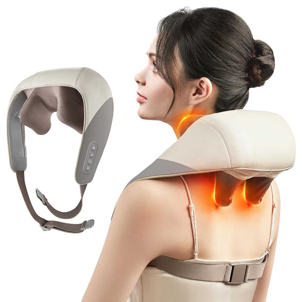 Compact shiatsu neck and shoulder massager with heat and rechargeable battery — relaxing gift for new moms