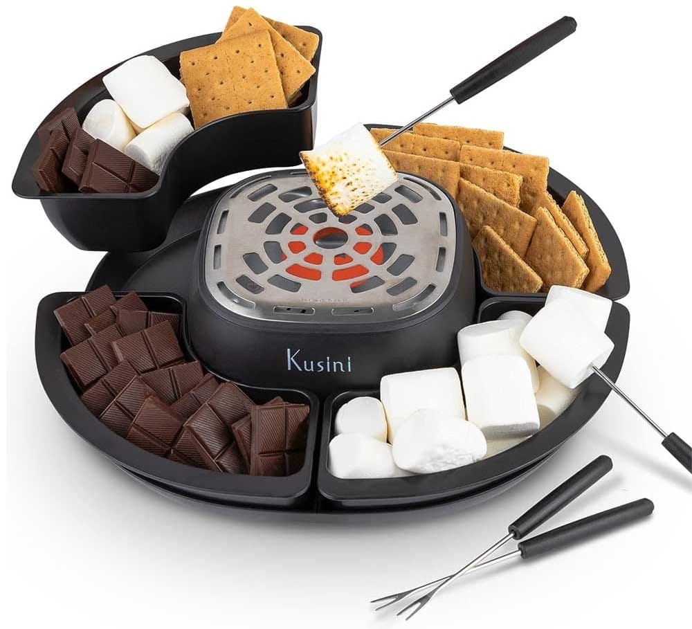 Electric indoor s’mores maker kit with flameless heater, roasting forks, and compartment tray — fun housewarming gift for cozy nights in