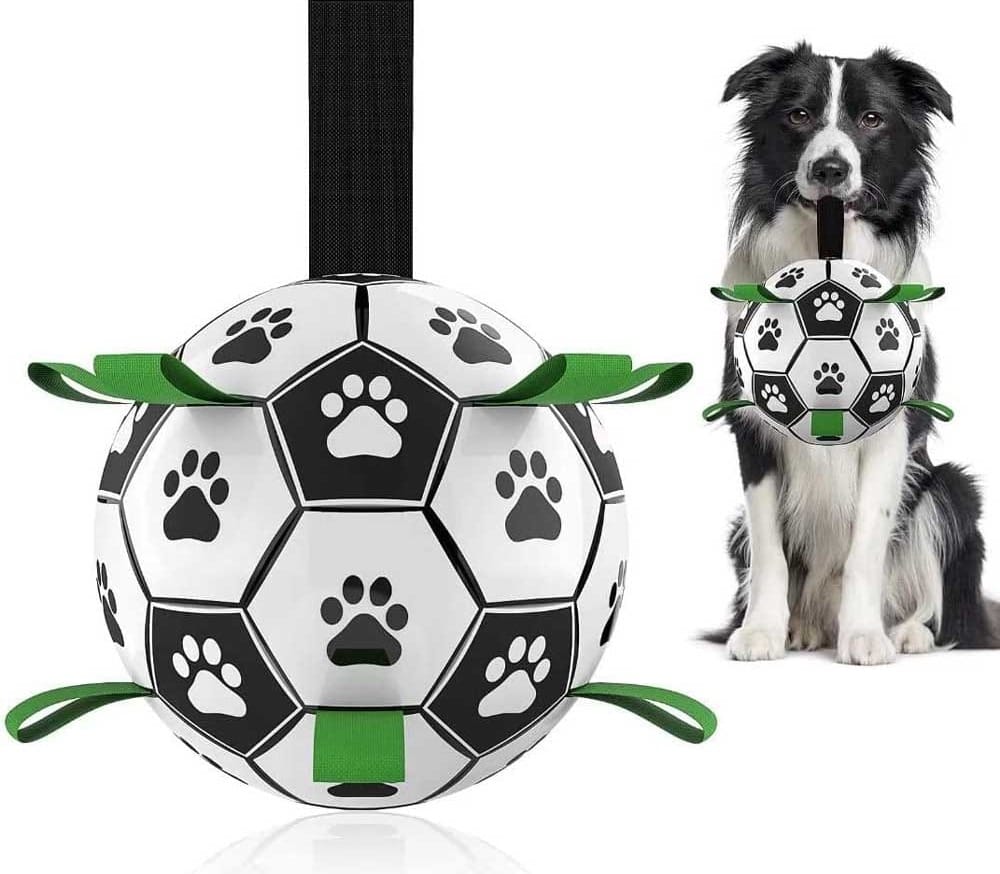 Dog-friendly soccer ball with nylon tabs for easy grip and interactive play — includes pump and works on land or water