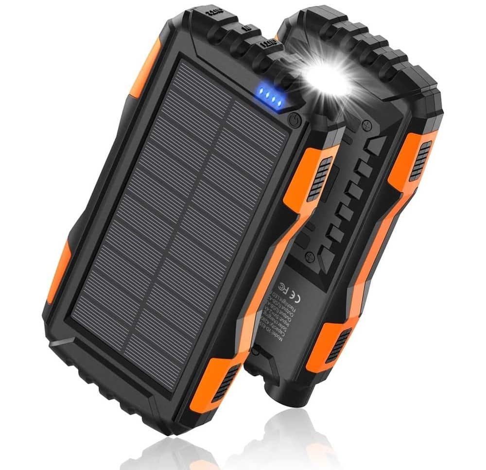Rugged solar power bank with 42800mAh capacity, dual USB ports, flashlight, and waterproof casing — perfect for outdoor adventures
